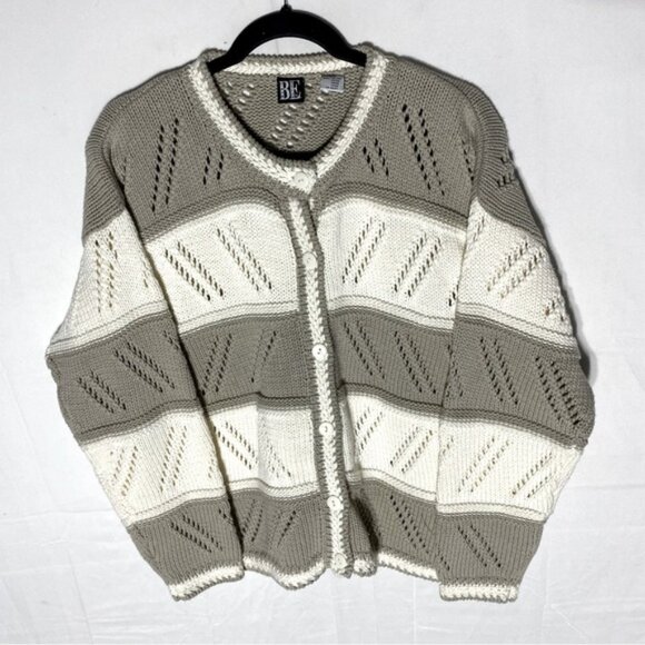 Basic Editions Sweaters - Vintage BE Basic Editions Taupe Ivory Striped Knit Button Up Cardigan Sweater S